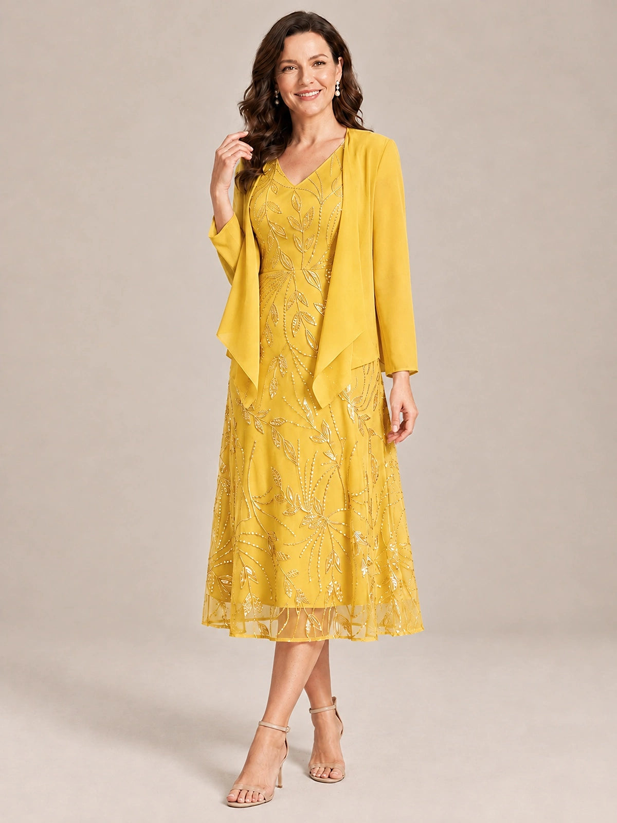 Tea Length Sequin Lace Mother of the Bride Dress with Chiffon Jacket