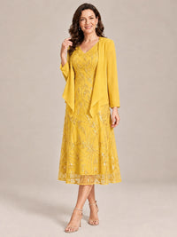 Tea Length Sequin Lace Mother of the Bride Dress with Chiffon Jacket