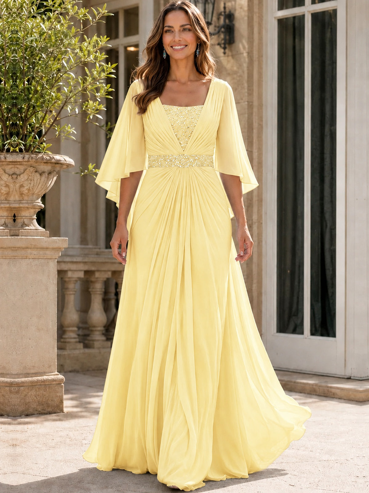 Elegant V-Neck Sequined Chiffon Mother of the Bride Dress with Flutter Sleeves