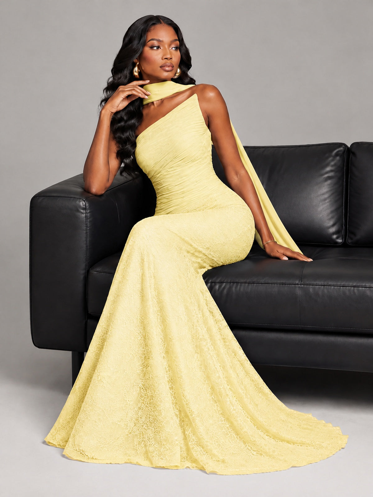 Pleated Chiffon Lace Prom Dresses Long Bodycon Mermaid with Scarf