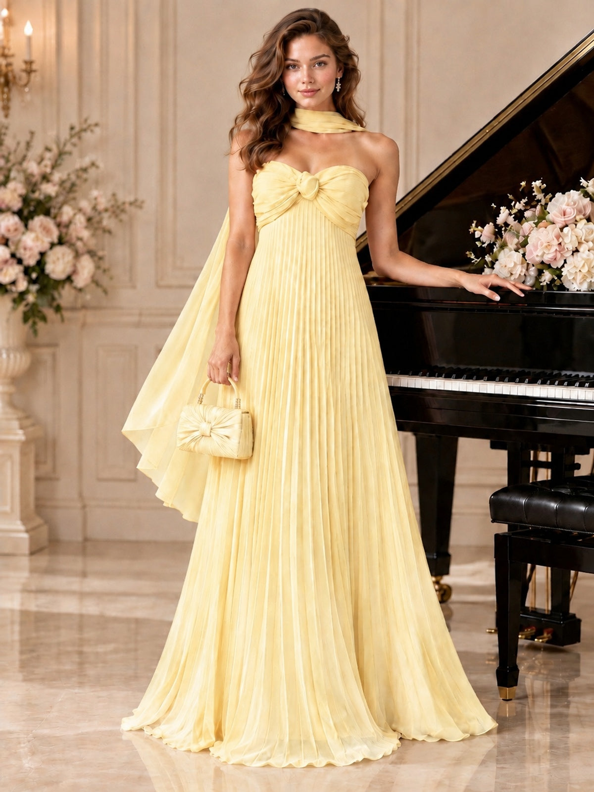 Sweetheart Neckline Pleated Prom Dress Strapless A-line Formal Dress with Flowy Scarf