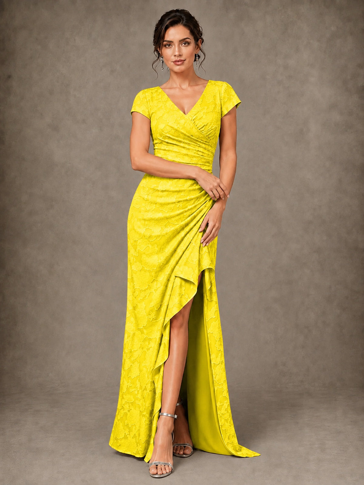 V-Neck Floral Jacquard Mother of the Bride Dress with Slit