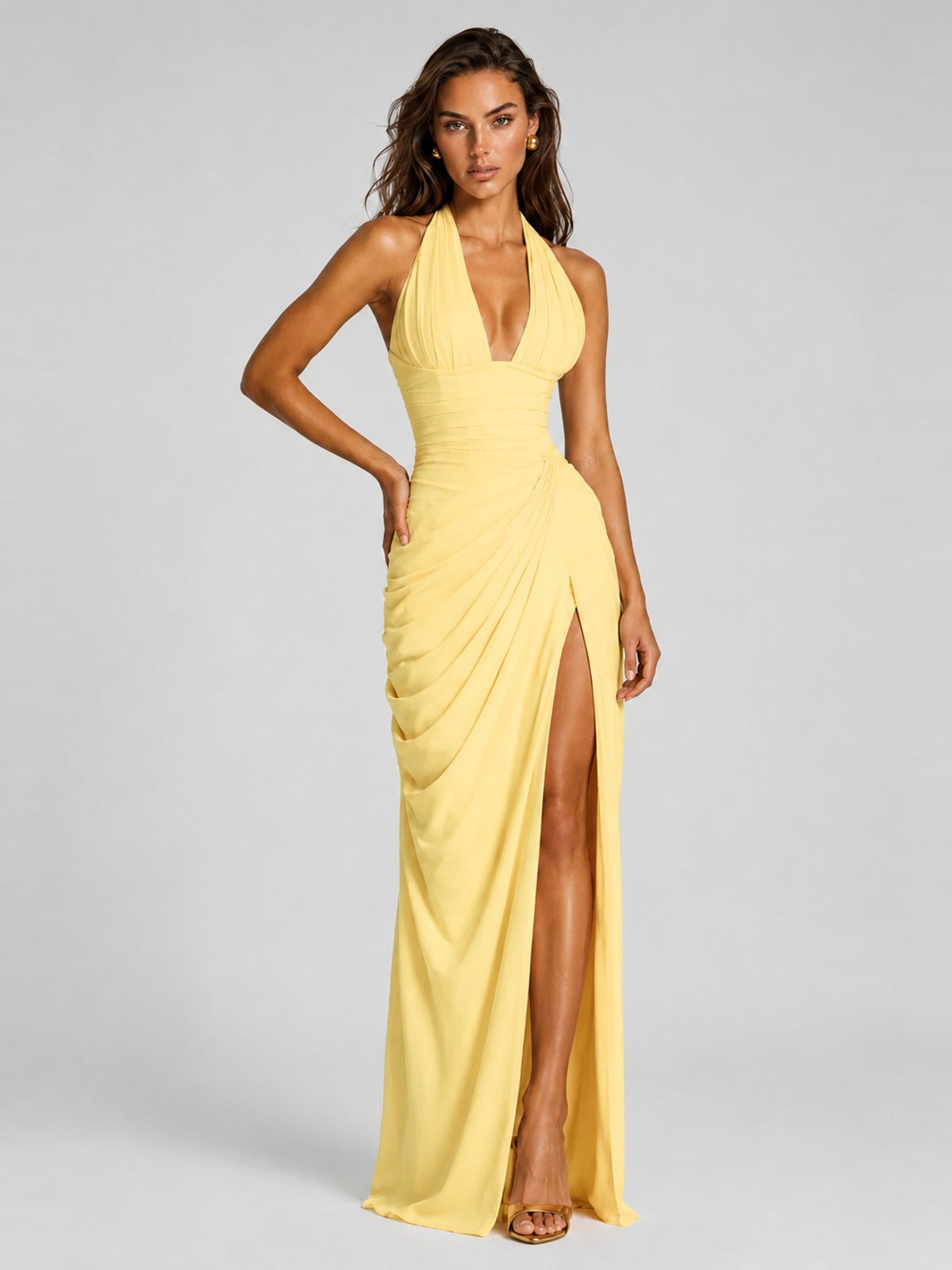 Ruched Halter Neck High-Slit Prom & Evening Dress