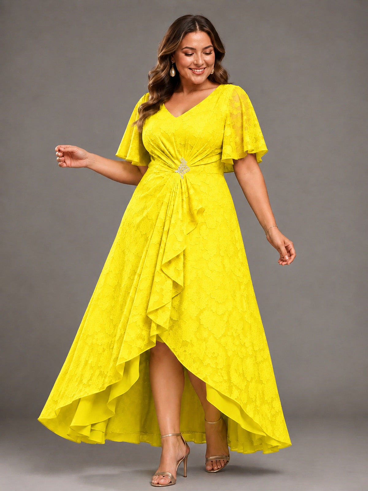 Jacquard Chiffon A-Line V-Neck High-Low Mother of the Bride Dress