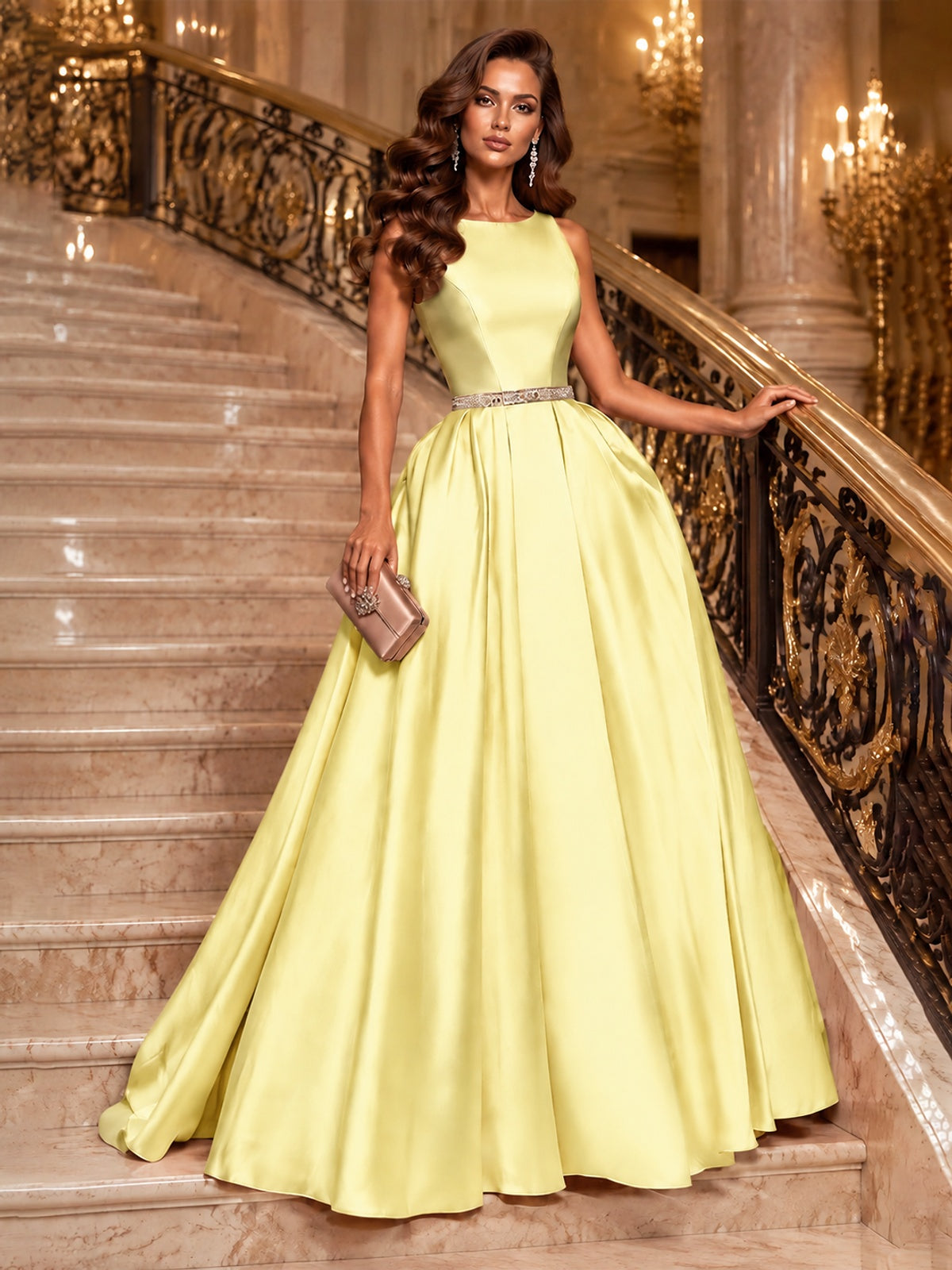Satin A-Line Prom Dress Sleeveless Beaded Waist Formal Gown with Pockets