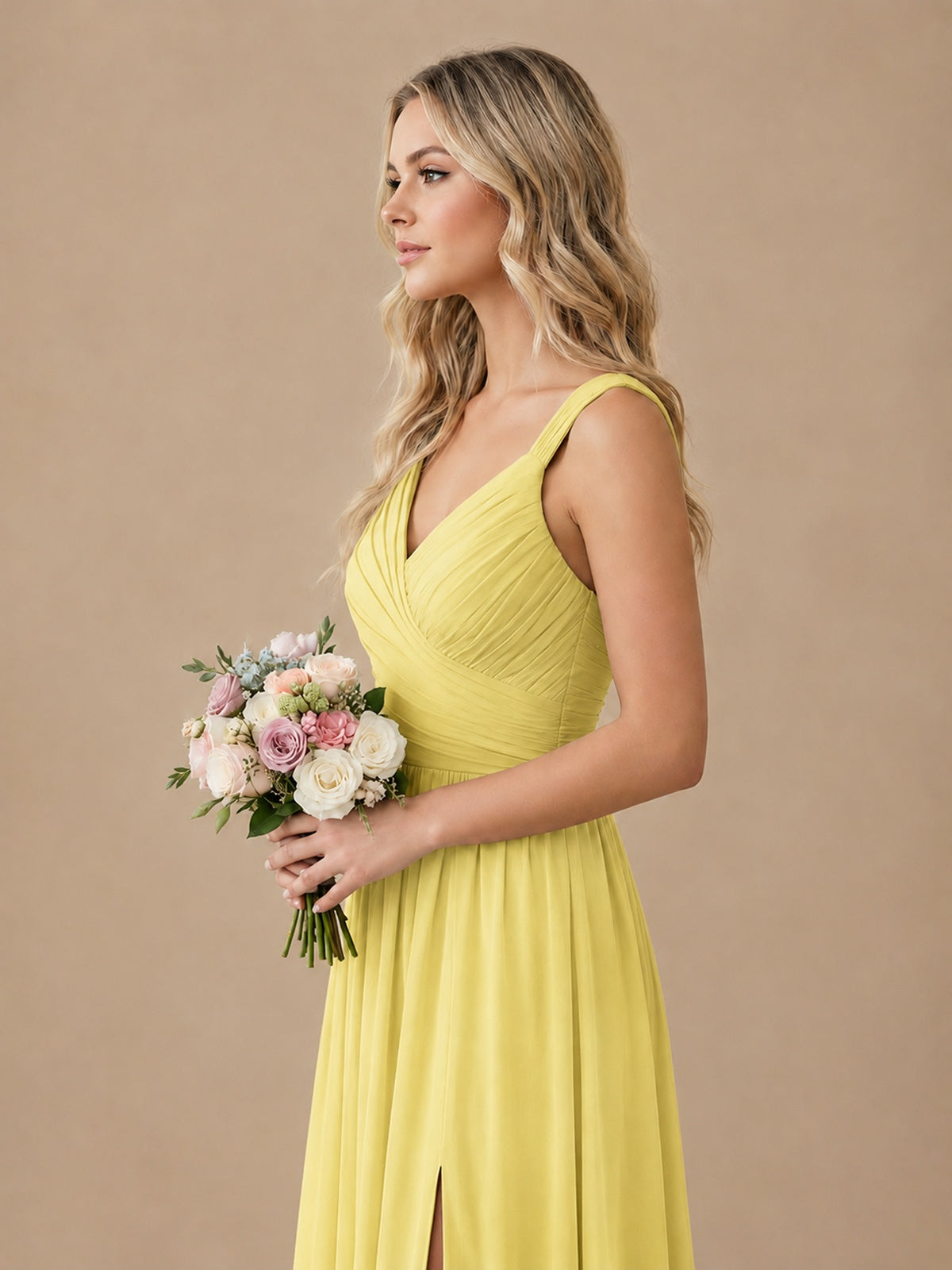 Pleated Chiffon V Neck Wedding Bridesmaid Dresses Floor Length with Slit