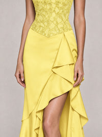 Strapless Lace Appliques Corset Satin Prom Dress Ruffle Slit Evening Gown