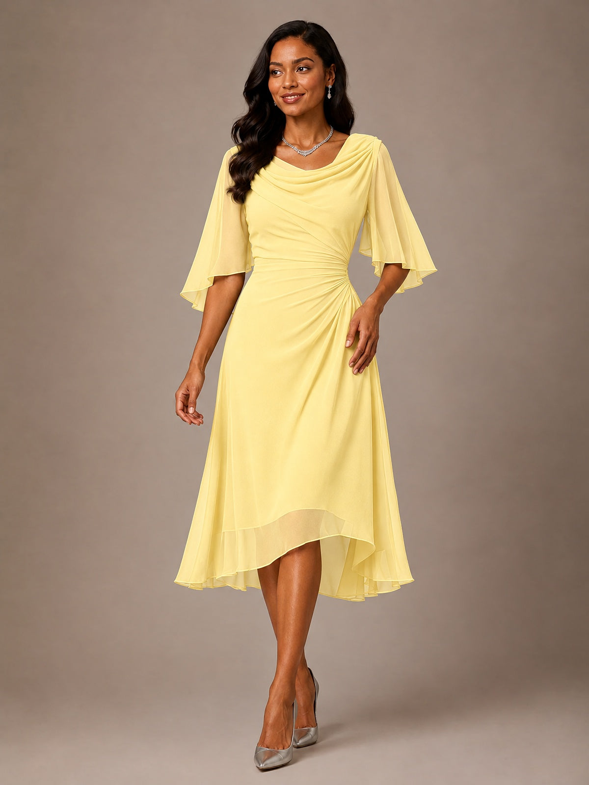 Cowl Neck Ruched Chiffon Mother of the Bride Dresses with Flutter Sleeves