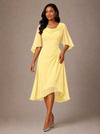 Cowl Neck Ruched Chiffon Mother of the Bride Dresses with Flutter Sleeves