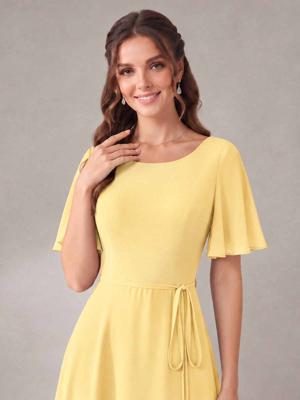 Scoop Neck A-line Chiffon Bridesmaid Dress with Flutter Sleeve & Belt