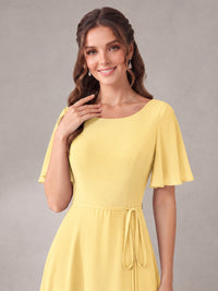 Scoop Neck A-line Chiffon Bridesmaid Dress with Flutter Sleeve & Belt