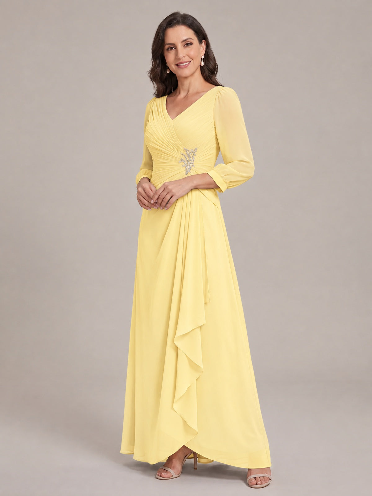 V-Neck Pleated Chiffon Mother of the Bride Dress with Flutter Sleeves