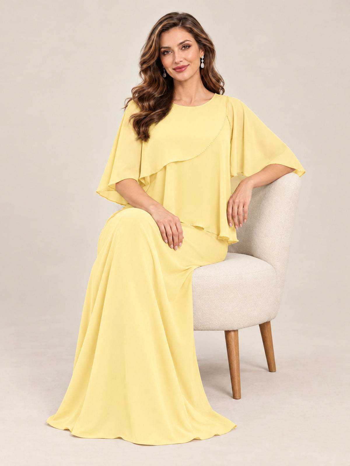 Cape Sleeve Mother of the Bride Dress with Asymmetrical Overlay