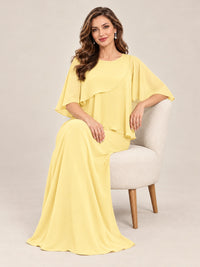 Cape Sleeve Mother of the Bride Dress with Asymmetrical Overlay