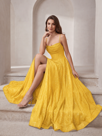 Sparkly Cowl Neck Corset Long Prom Dress with Slit A-line Tulle Ball Gown