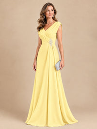 V Neck Pleated Mother of The Bride Dresses with Beading Cap Sleeves