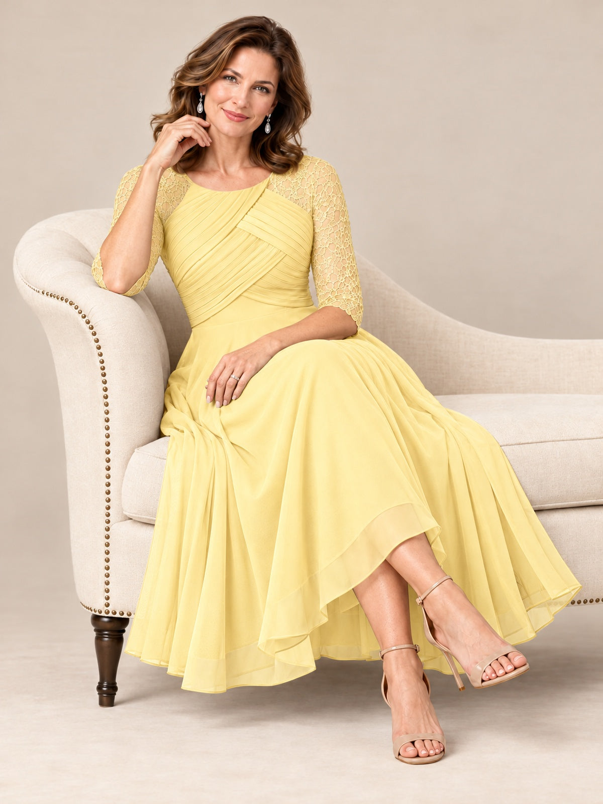 Tea-Length Mother of the Bride Dress with Lace 3/4 Sleeves