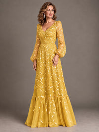 Floral Sequin Embroidered A-Line Mother of the Bride Dress with Long Sleeves