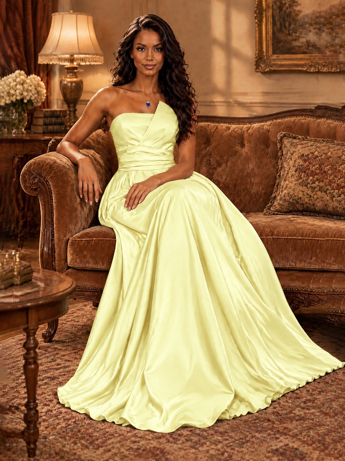 Draped Satin Prom Dress Strapless A-line Formal Dress Floor Length