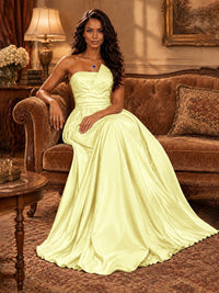 Draped Satin Prom Dress Strapless A-line Formal Dress Floor Length