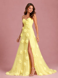 3D Floral Applique Strapless Tulle Prom Dress with High Slit