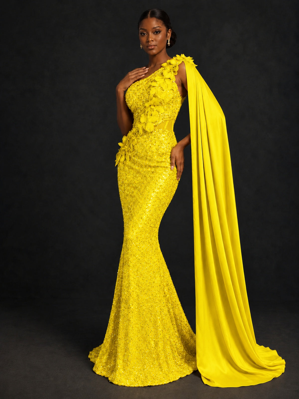 Gold Sequin One Shoulder Mermaid Prom Dress with Cape