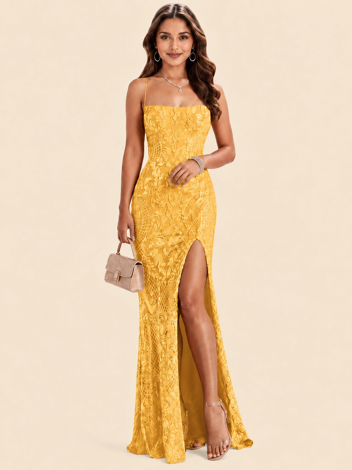 Sequin Lace Appliques Mermaid Prom Dress Spaghetti Strap Formal Gowns with Slit