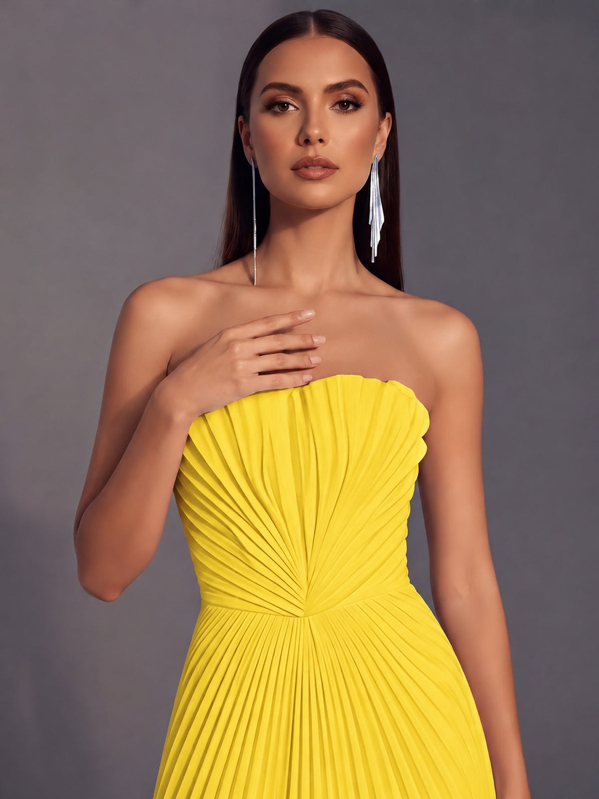 Strapless A-line Long Pleated Satin Prom Dress