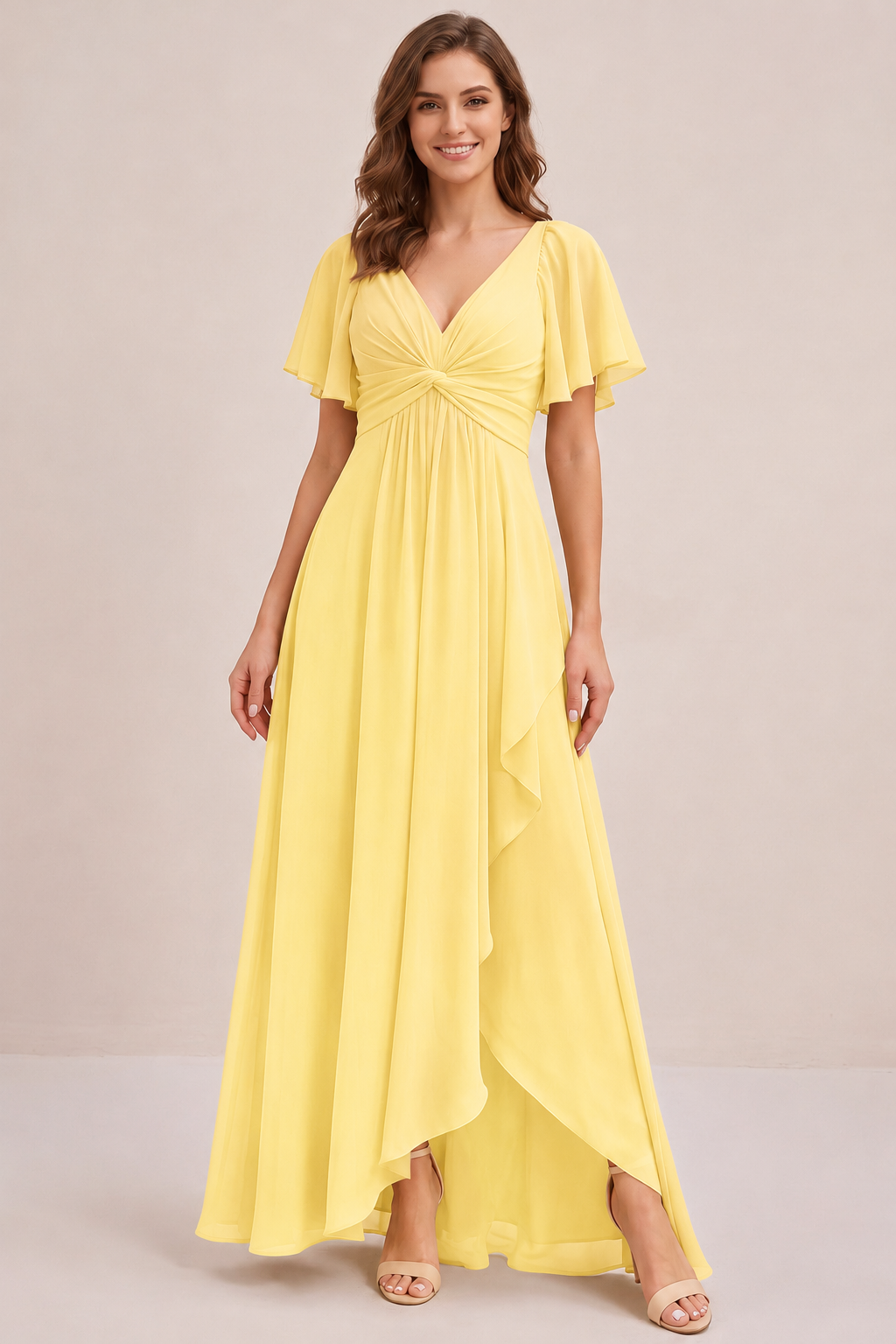Dusty Blue Chiffon Bridesmaid Dress with Flutter Sleeves & High-Low Hem