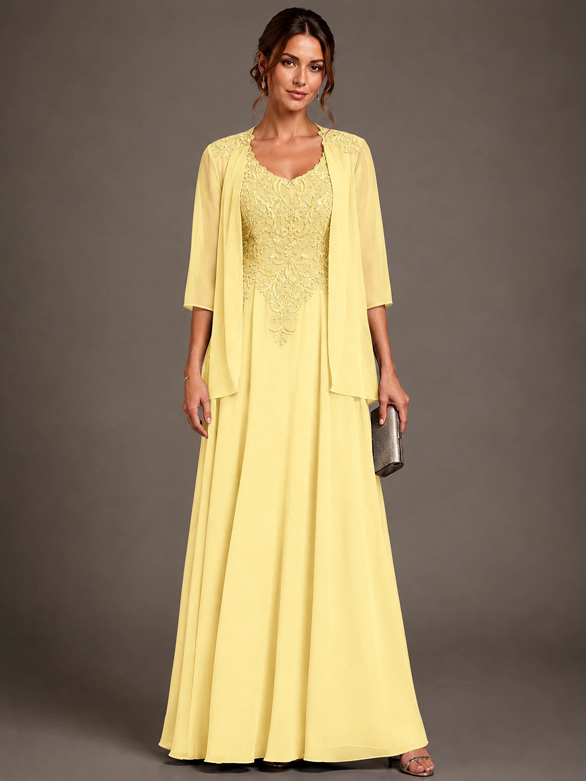 A-line 2 Pieces Chiffon Appliques Mother of The Bride Dresses with Jackets