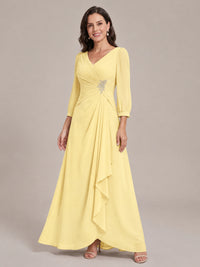 V-Neck Pleated Chiffon Mother of the Bride Dress with Flutter Sleeves