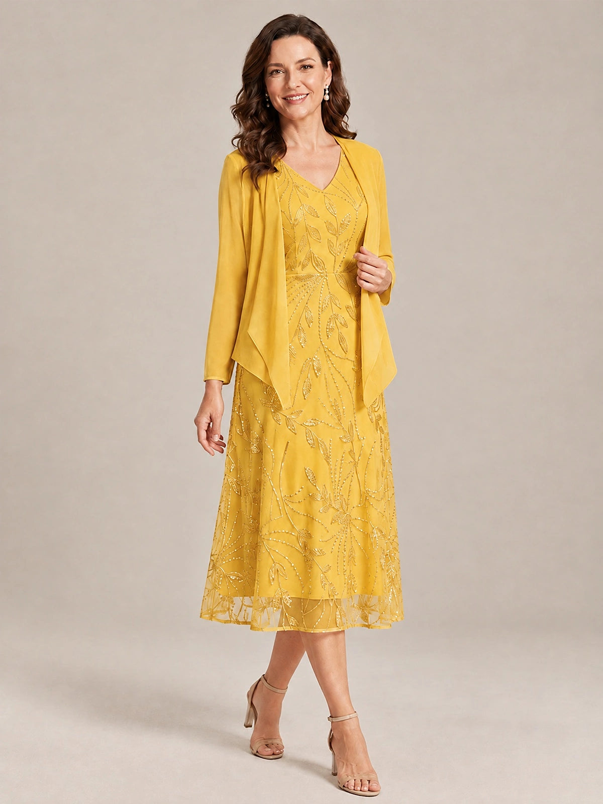 Tea Length Sequin Lace Mother of the Bride Dress with Chiffon Jacket