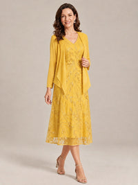 Tea Length Sequin Lace Mother of the Bride Dress with Chiffon Jacket
