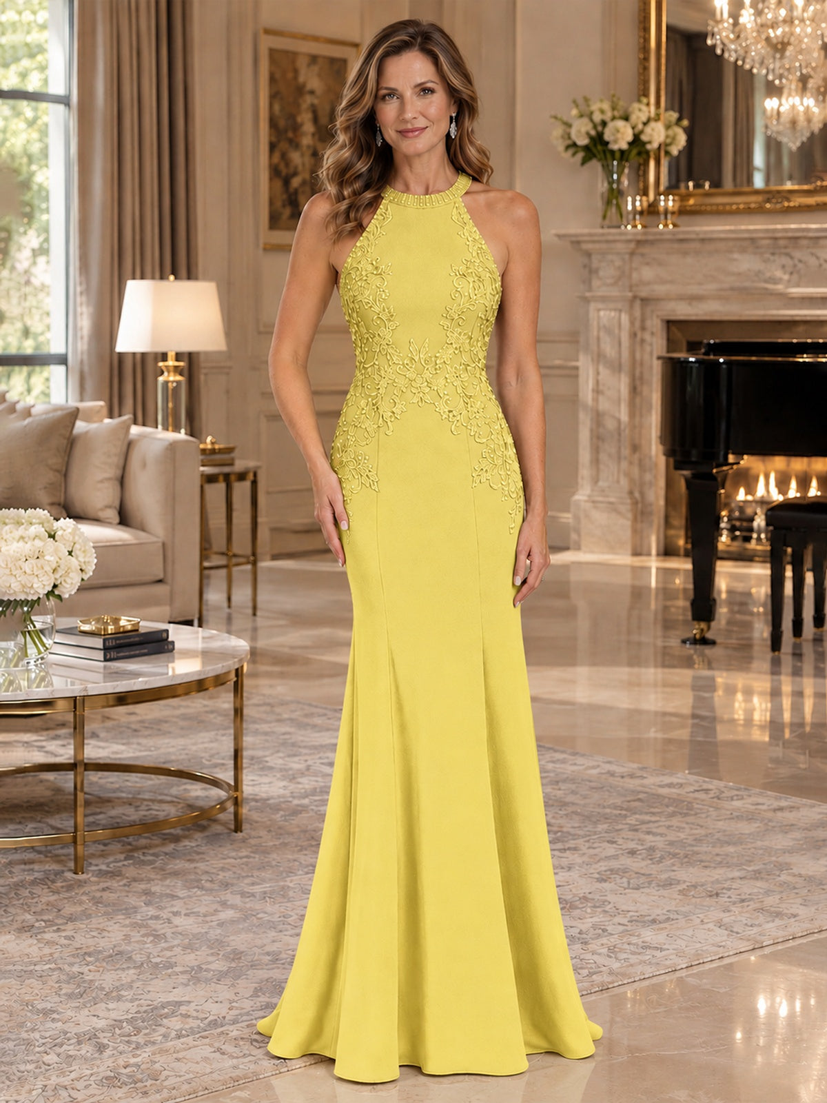 Halter Neckline Lace Appliques Mother of The Bride Dresses