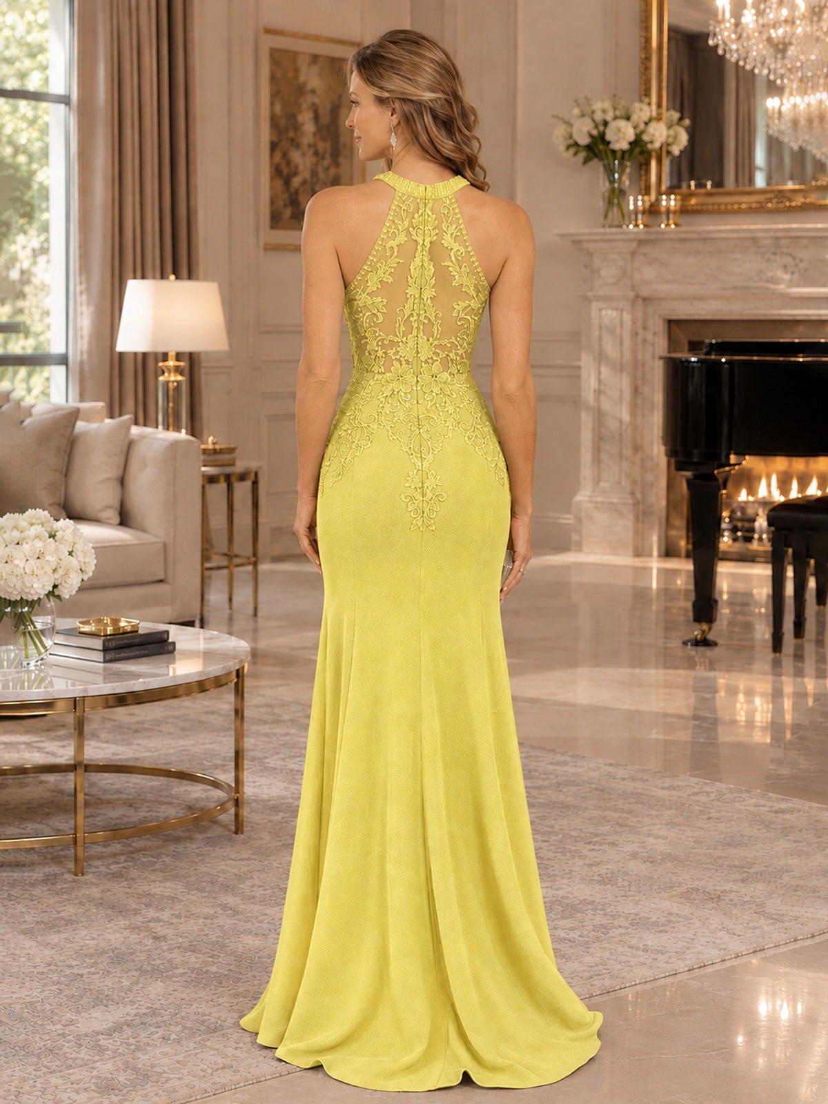 Halter Neckline Lace Appliques Mother of The Bride Dresses