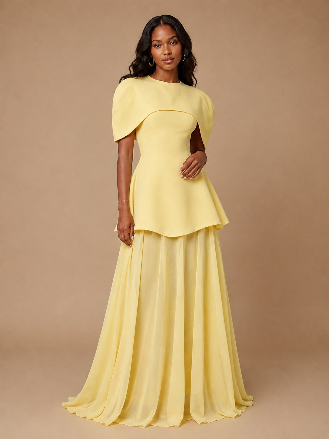 Yellow Cape Sleeve Maxi Dress with Peplum