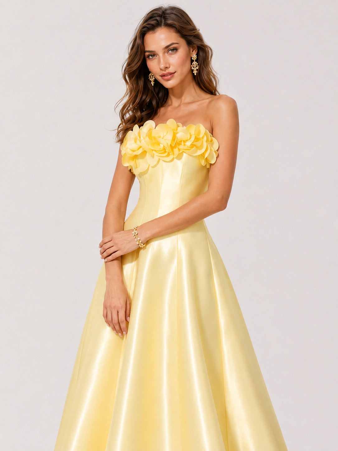 Yellow Strapless Satin A-Line Prom Dress with 3D Floral Appliqué