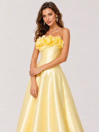 Yellow Strapless Satin A-Line Prom Dress with 3D Floral Appliqué