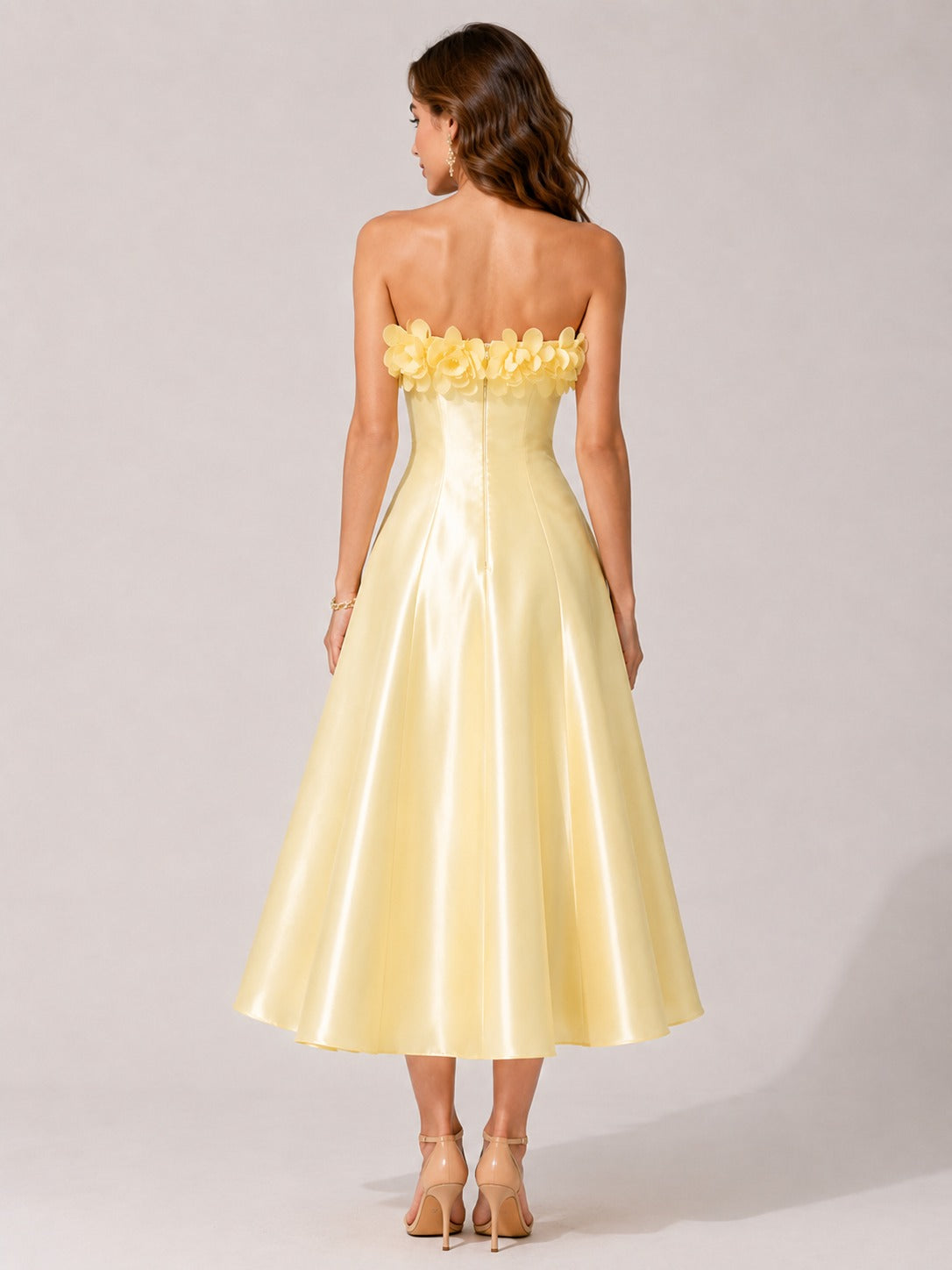 Yellow Strapless Satin Midi Dress