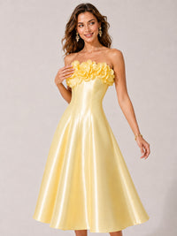Yellow Strapless Satin Midi Dress with 3D Floral Appliqué