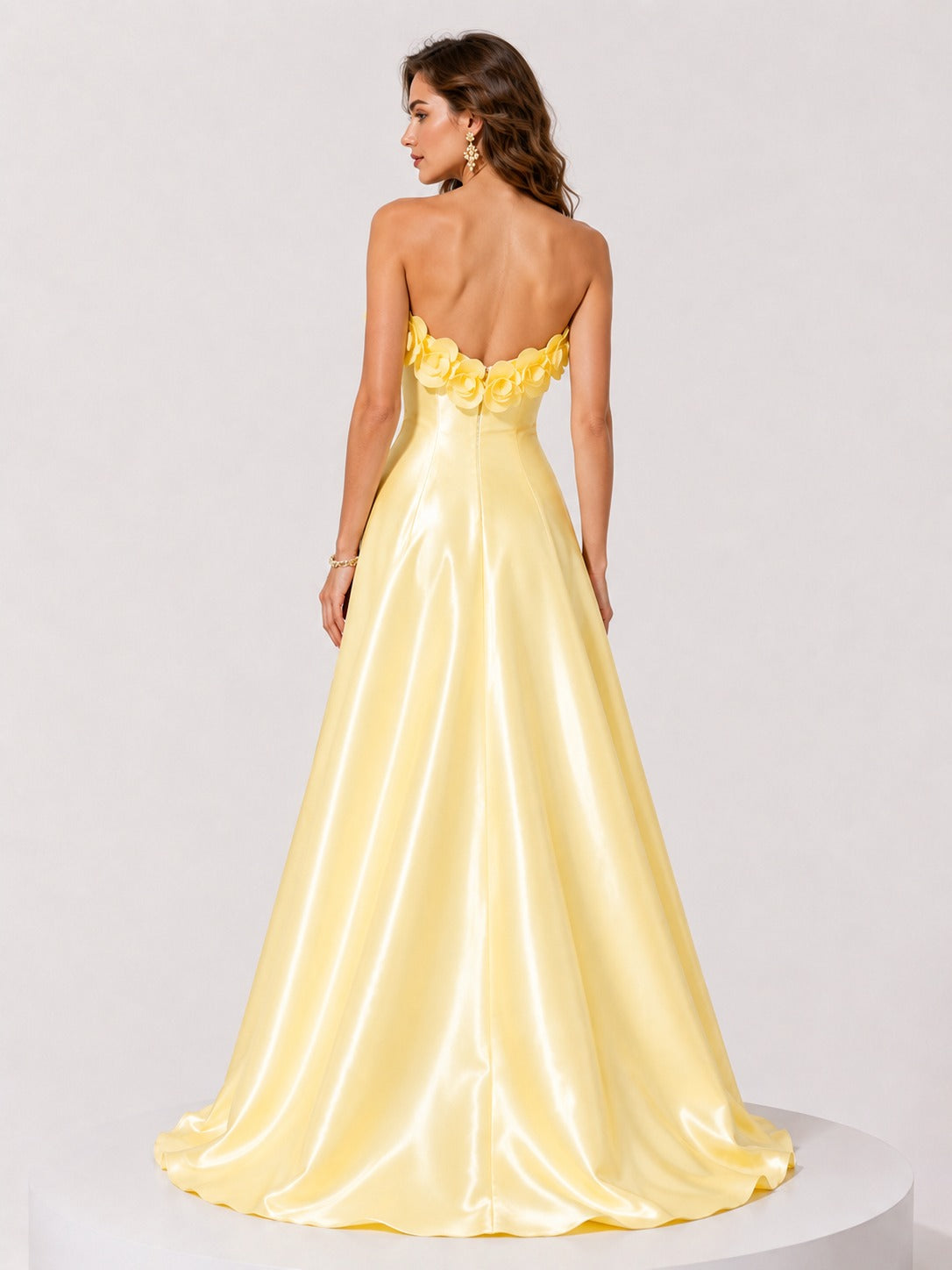 Yellow Strapless Satin Prom Dress with 3D Flowers
