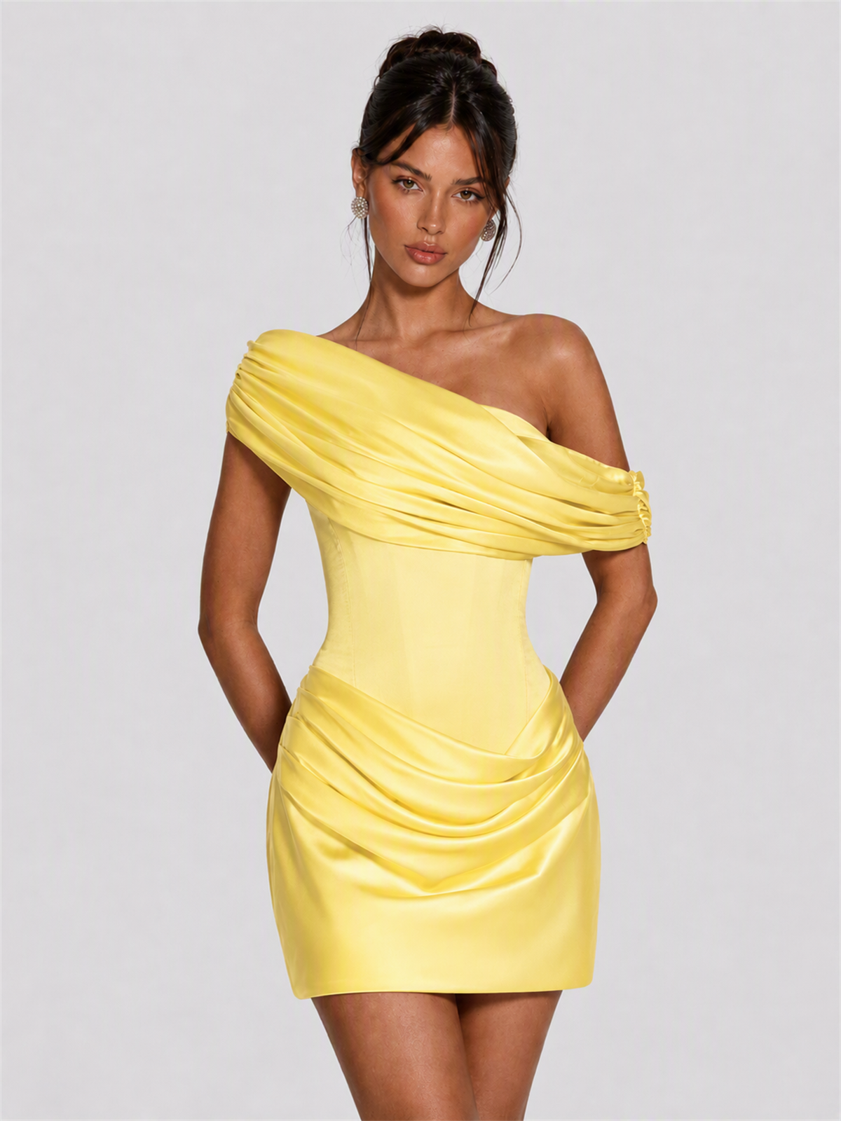 Strapless Satin Corset Homecoming Dress with Detachable Off-Shoulder Drape