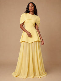 Yellow cape sleeve maxi dress with sculpted peplum bodice