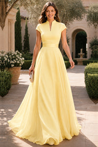 V Neck Cap Sleeve A-Line Floor-Length Satin Bridesmaid Dress