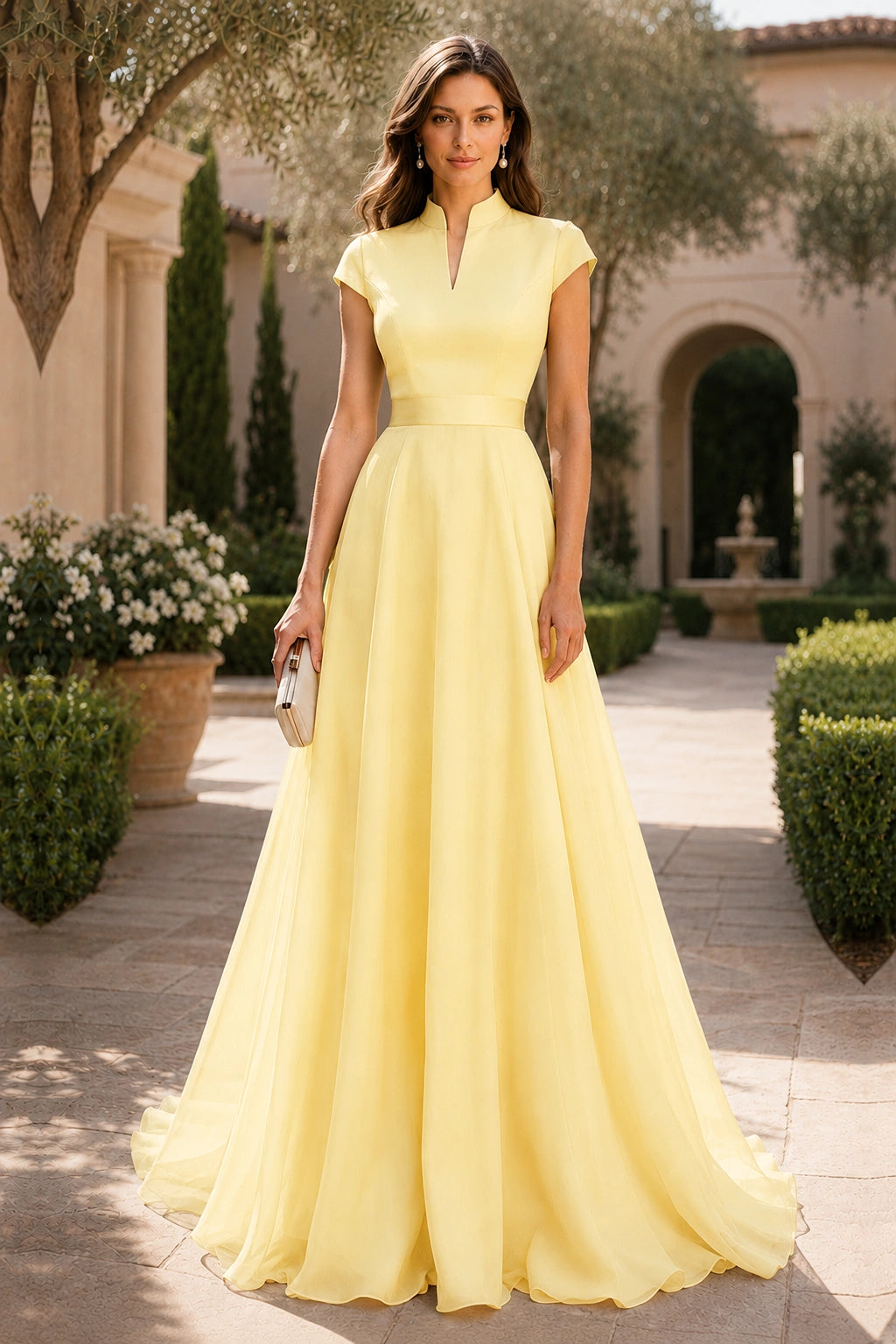 V Neck Cap Sleeve A-Line Floor-Length Satin Bridesmaid Dress