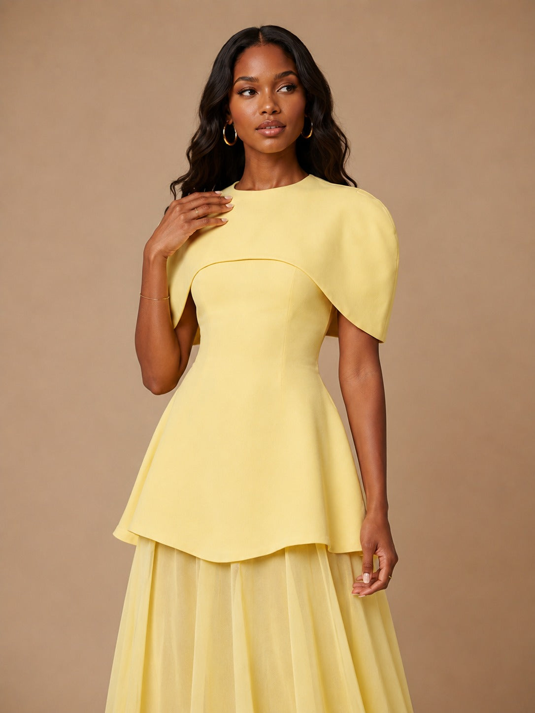 Yellow formal maxi dress with cape sleeves and peplum waist