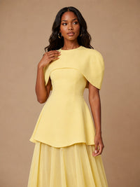 Yellow formal maxi dress with cape sleeves and peplum waist