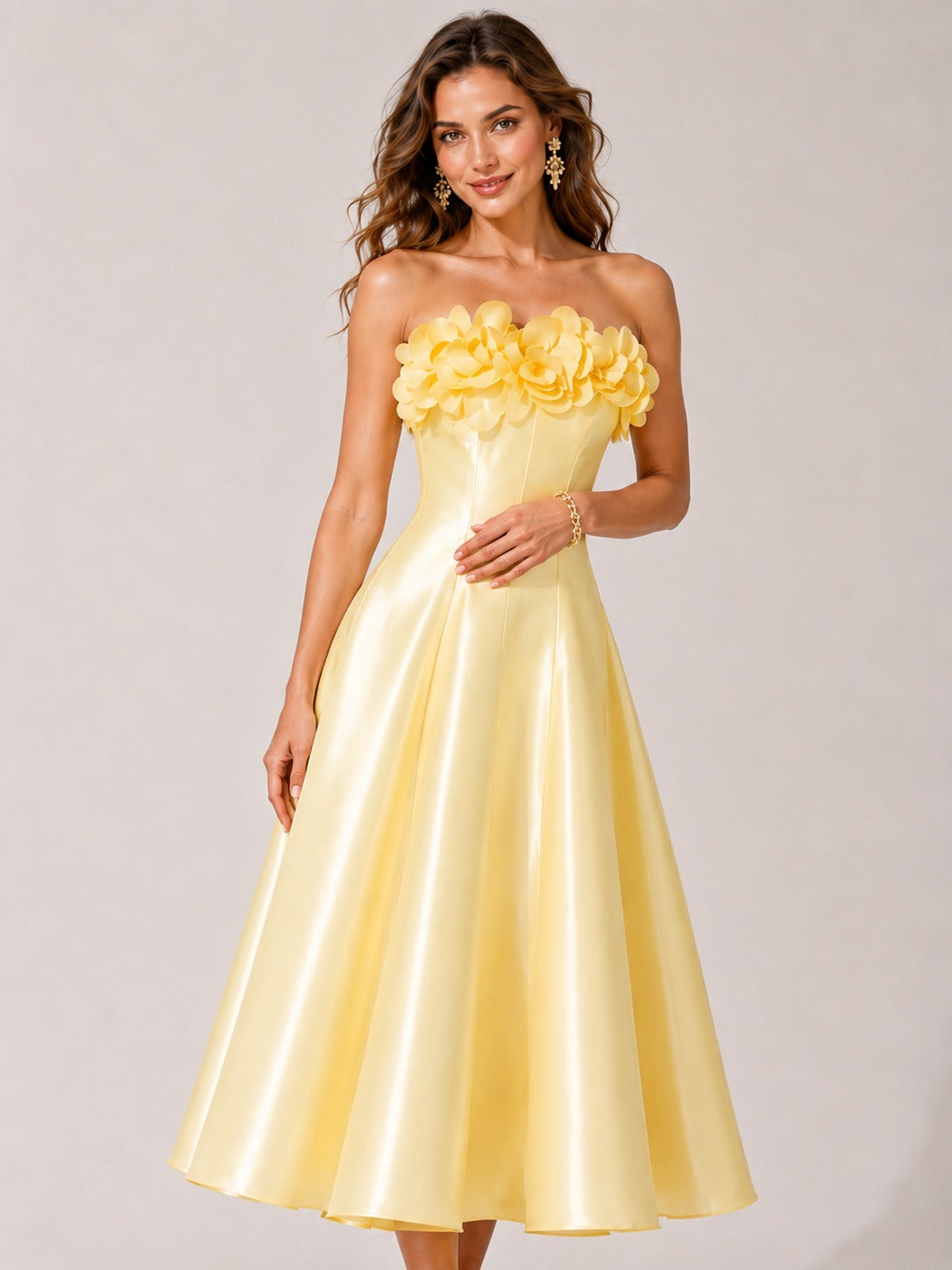 Yellow strapless satin A-line midi dress with floral neckline