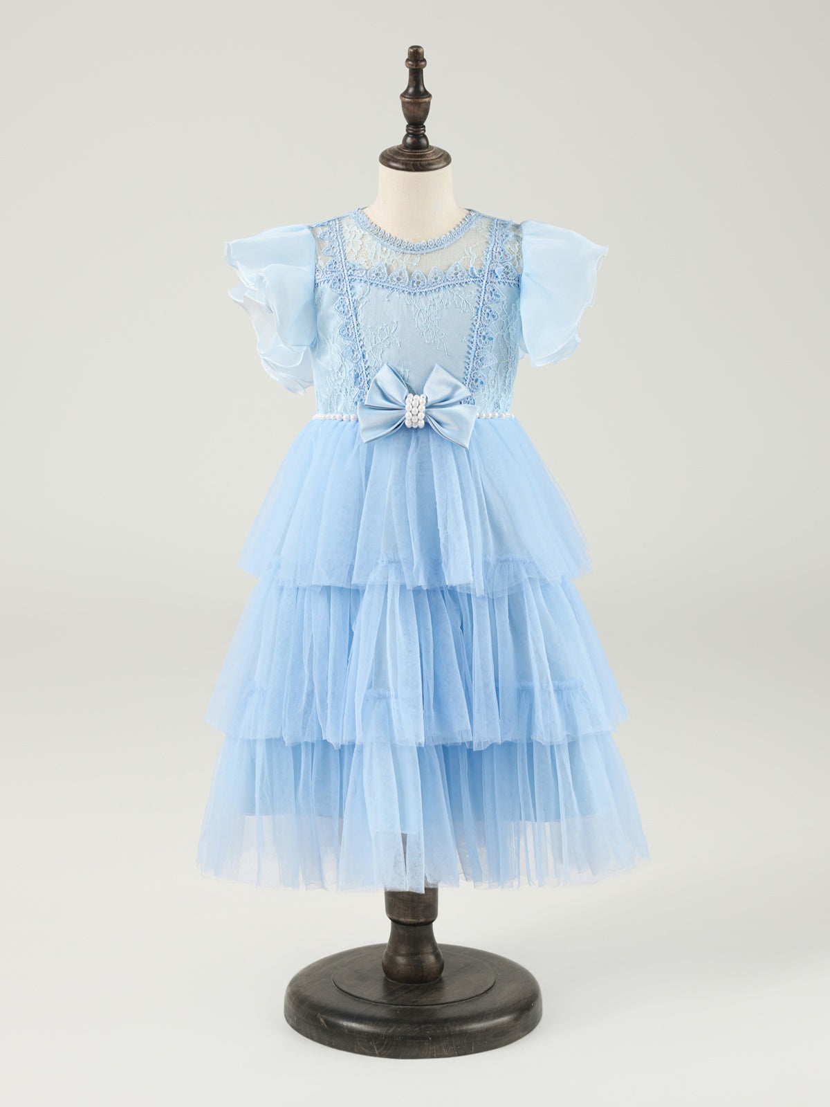 Light Blue Lace Flower Girls Dresses A-line Tiered Tulle with Pearl Sweet Bow
