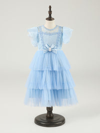 Light Blue Lace Flower Girls Dresses A-line Tiered Tulle with Pearl Sweet Bow
